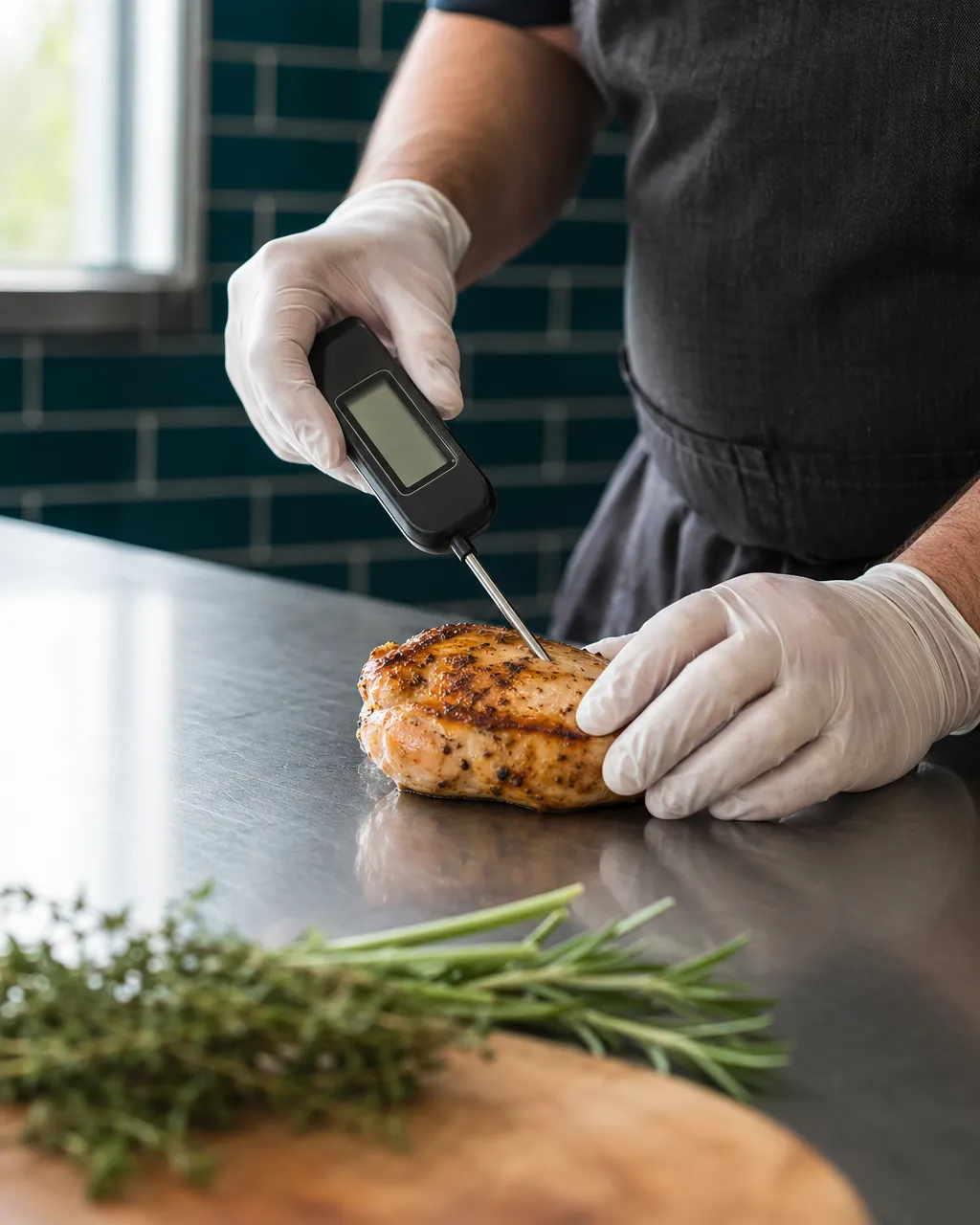 A food handler checking the internal temperature of a chicken breast with a probe thermometer
