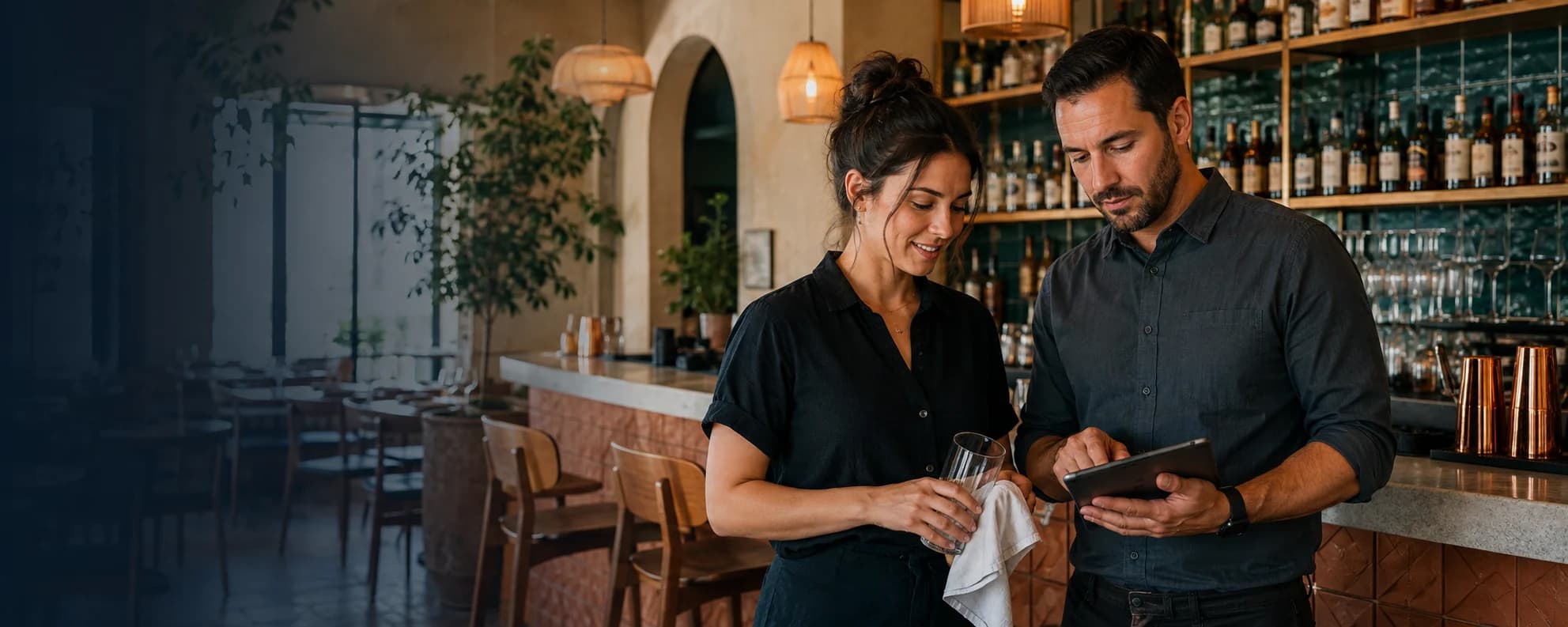 A server and manager preparing for service in an Arizona-inspired restaurant bar