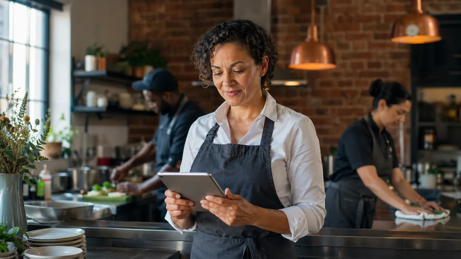 A restaurant manager reviewing certifications on a tablet, with kitchen staff working in the background