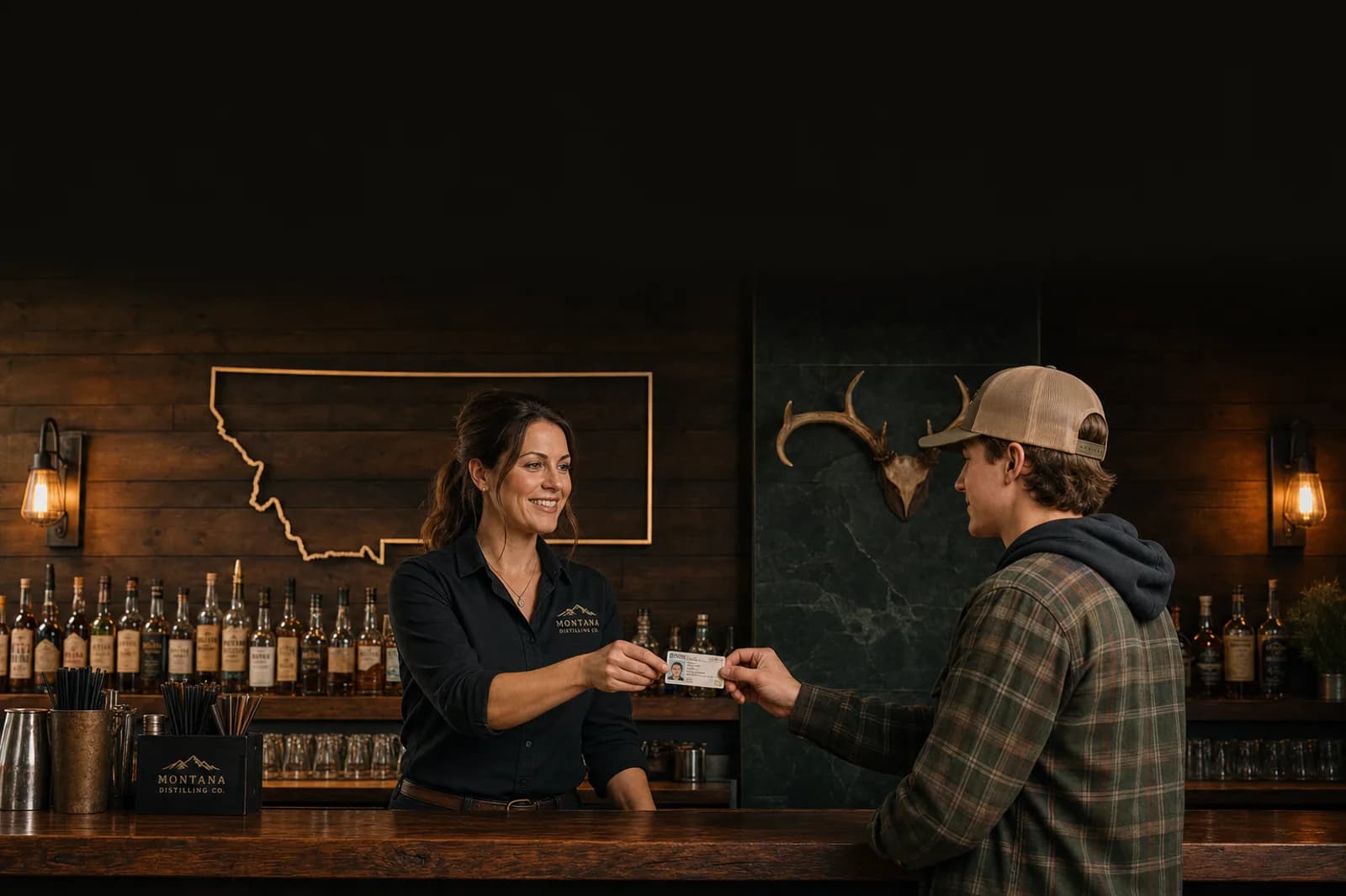 A bartender checking a guest's ID in a wood-paneled bar with a Montana outline on the wall