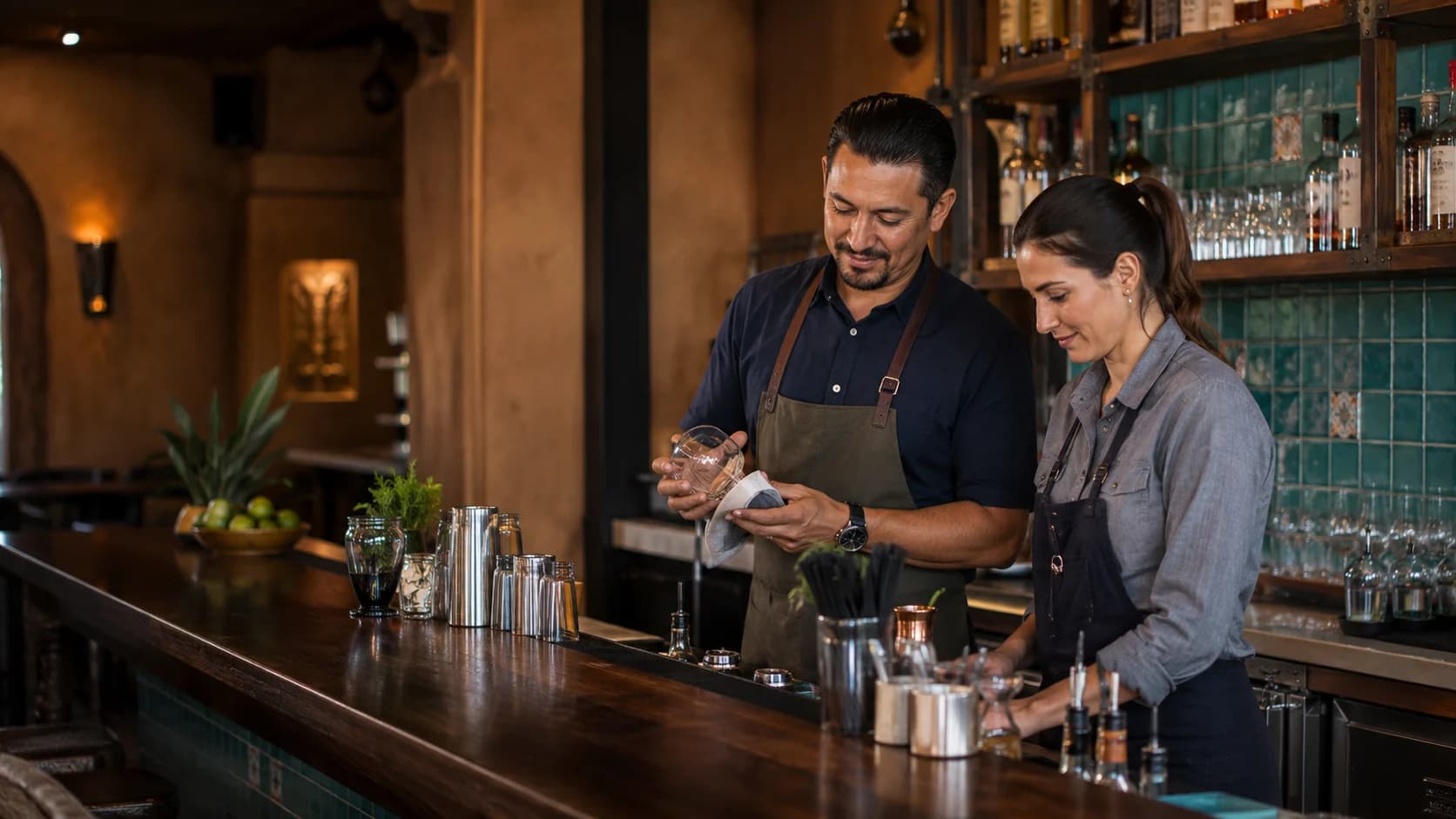 Two servers preparing for service in a warm adobe-style bar with turquoise tile