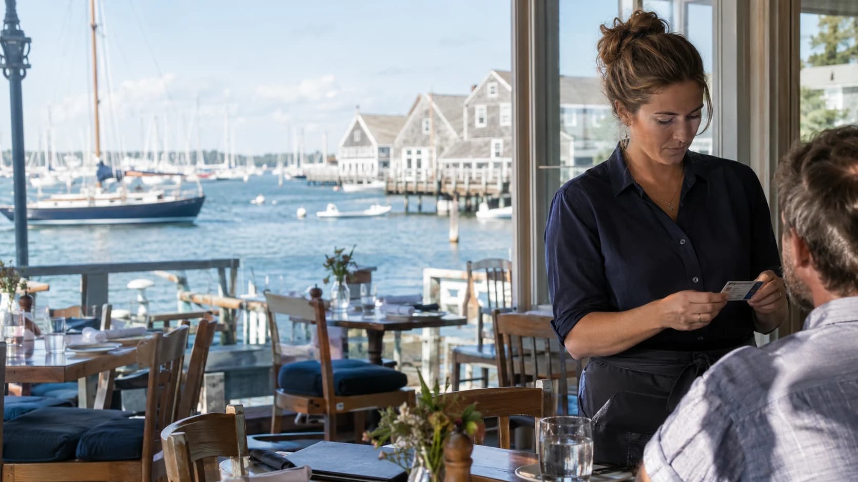 A server checking identification in a Rhode Island harbor restaurant.