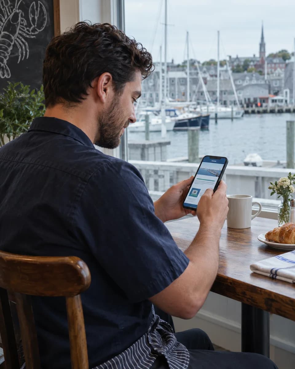 An adult restaurant worker studying on a smartphone beside a Newport harbor window.