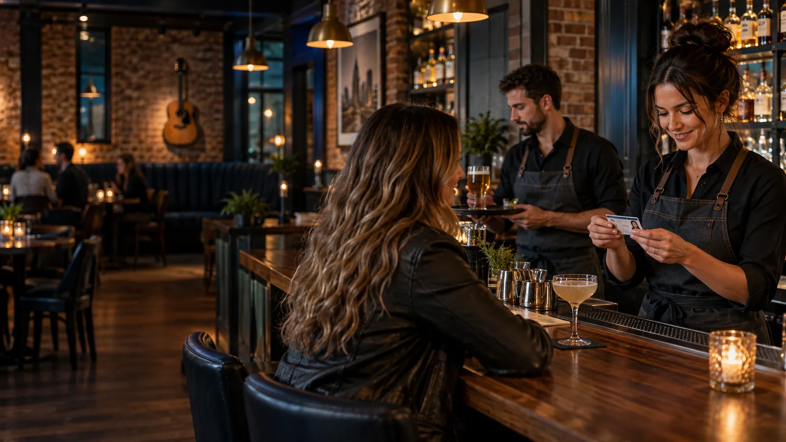 A bartender checking identification in a warm brick-and-wood restaurant bar