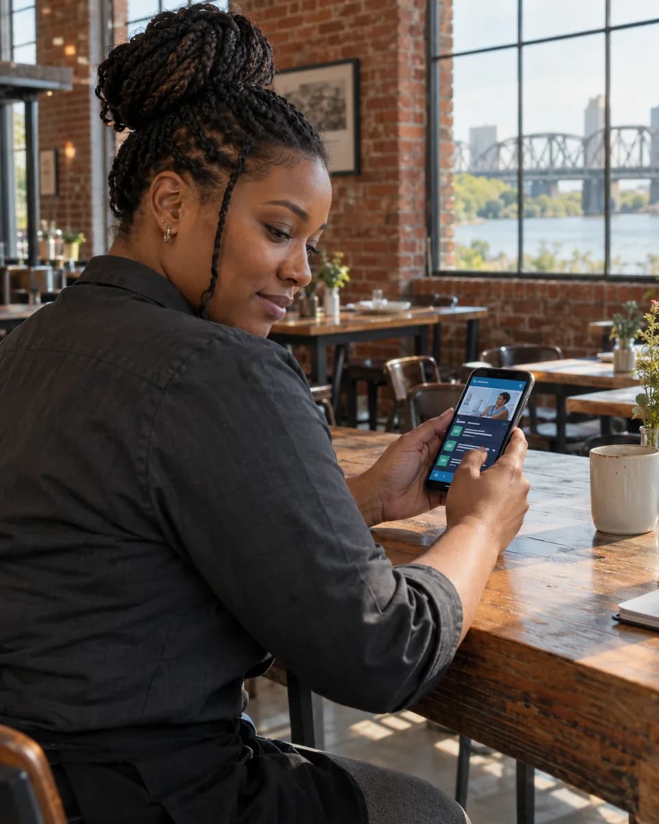 An adult hospitality worker studying on a smartphone in a Richmond brick restaurant.