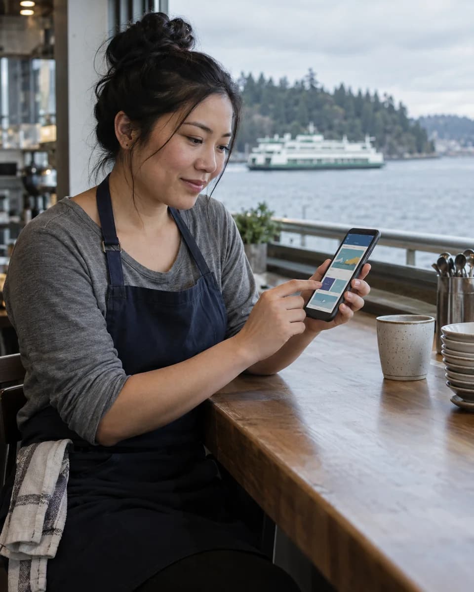 An adult restaurant worker studying on a smartphone overlooking Puget Sound and a Washington ferry.